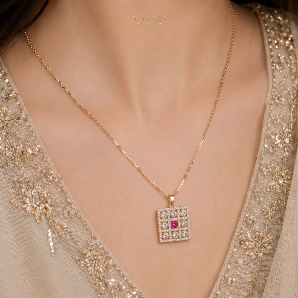 Royal Ruby Grid Pendant Necklace