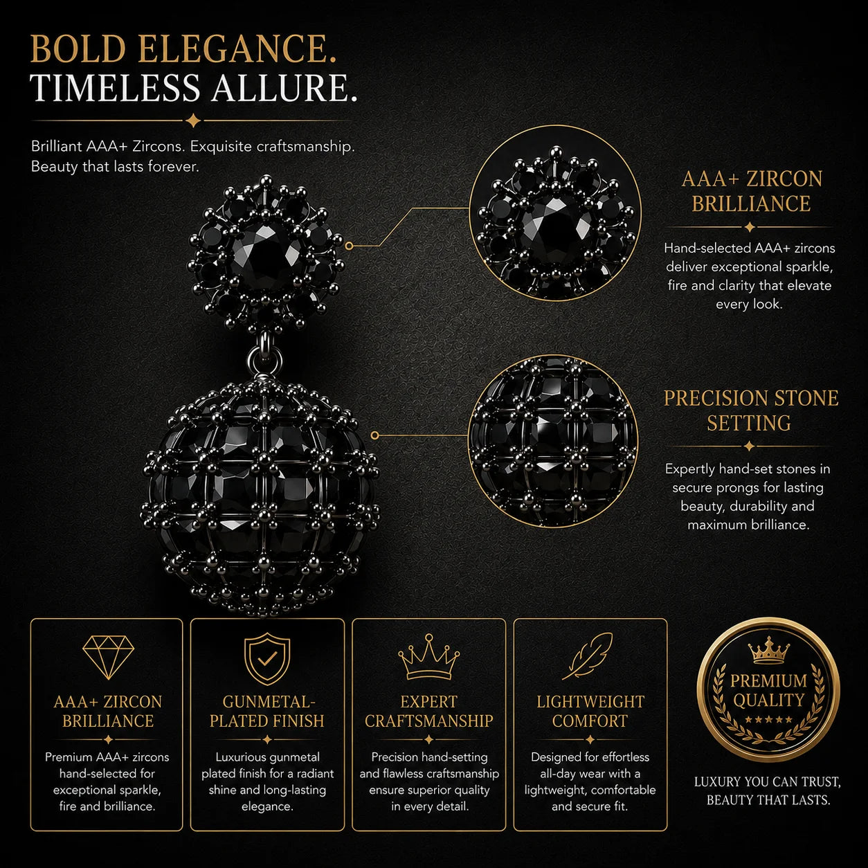 Black Éclat Royale Drop Earrings